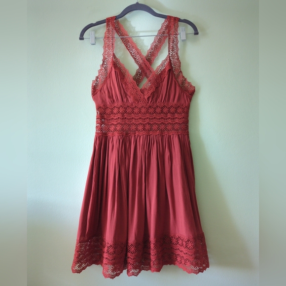 Forever 21 Burnt Orange Crochet Lace Cut Outs Mini Sun Dress Small - Picture 1 of 8